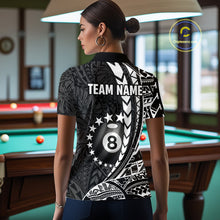Load image into Gallery viewer, Woman wearing custom black and white 8 ball pool tribal billiard team jersey polo shirt featuring tribal artwork, back view.