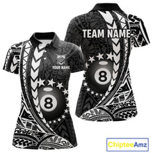 Load image into Gallery viewer, Custom black and white 8 ball pool tribal billiard team jersey polo shirt for women featuring detailed tribal artwork, premium custom pool league apparel for tournaments, league matches and competitive billiard teams.