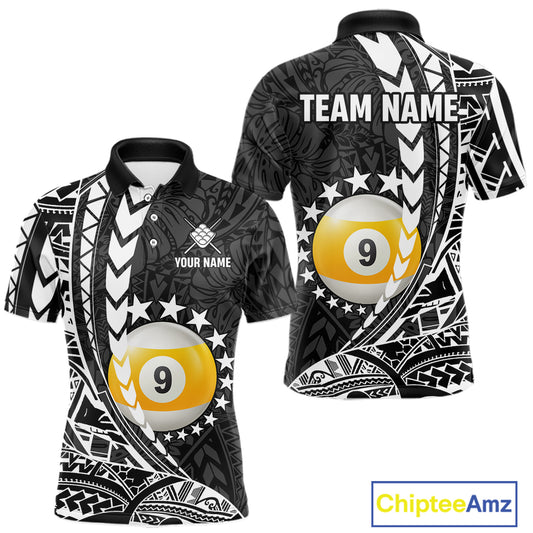 Custom black and white 9 ball pool tribal billiard team jersey polo shirt for men featuring detailed tribal artwork, premium custom pool league apparel for tournaments, league matches and competitive billiard teams.