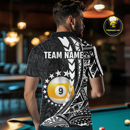 Man wearing custom black and white 9 ball pool tribal billiard team jersey polo shirt featuring tribal artwork, back view.