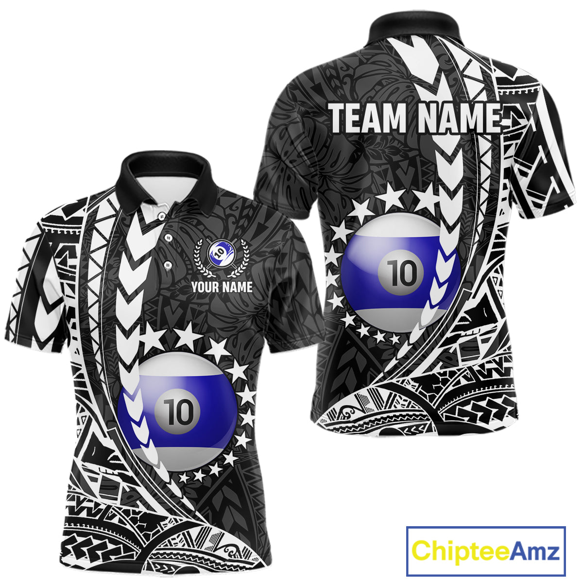 Custom black and white 10 ball pool tribal billiard team jersey polo shirt for men featuring detailed tribal artwork, premium custom pool league apparel for tournaments, league matches and competitive billiard teams.