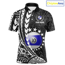 Load image into Gallery viewer, Custom black and white 10 ball pool tribal billiard team jersey polo shirt for men featuring detailed tribal artwork, premium custom pool league apparel for tournaments, league matches and competitive billiard teams.