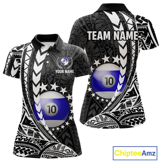 Custom black and white 10 ball pool tribal billiard team jersey polo shirt for women featuring detailed tribal artwork, premium custom pool league apparel for tournaments, league matches and competitive billiard teams.