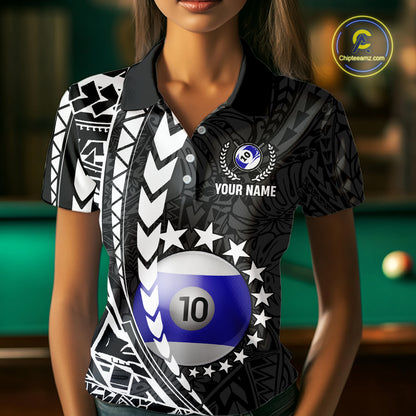 Woman wearing custom black and white 10 ball pool tribal billiard team jersey polo shirt featuring tribal artwork, front view.