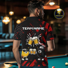 Load image into Gallery viewer, Man wearing black red funny beer 8 ball and 9 ball pool billiard team jersey polo shirt featuring the beer-themed artwork, back view.