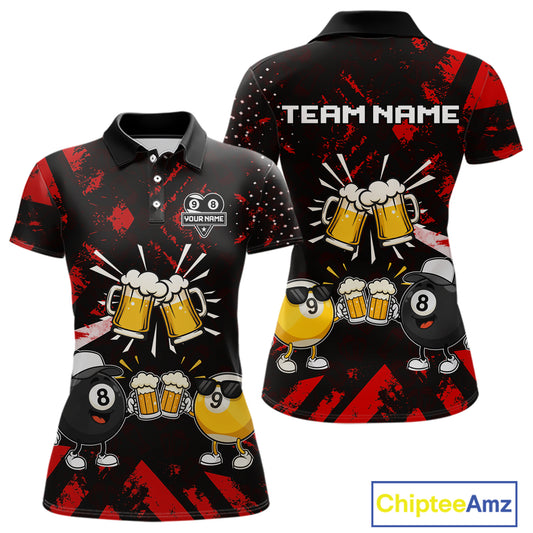 Black red funny beer 8 ball and 9 ball pool billiard team jersey polo shirt for women featuring a humorous beer-themed design, custom pool league apparel with premium performance fabric for tournaments and league competition.