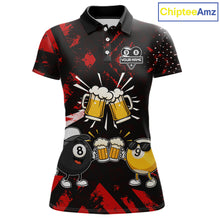 Load image into Gallery viewer, Black red funny beer 8 ball and 9 ball pool billiard team jersey polo shirt for women featuring a humorous beer-themed design, custom pool league apparel with premium performance fabric for tournaments and league competition.