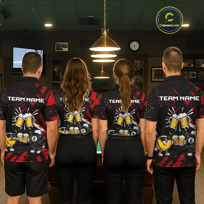 Billiard team wearing matching black red funny beer 8 ball and 9 ball pool team jerseys featuring the humorous beer design, back view.