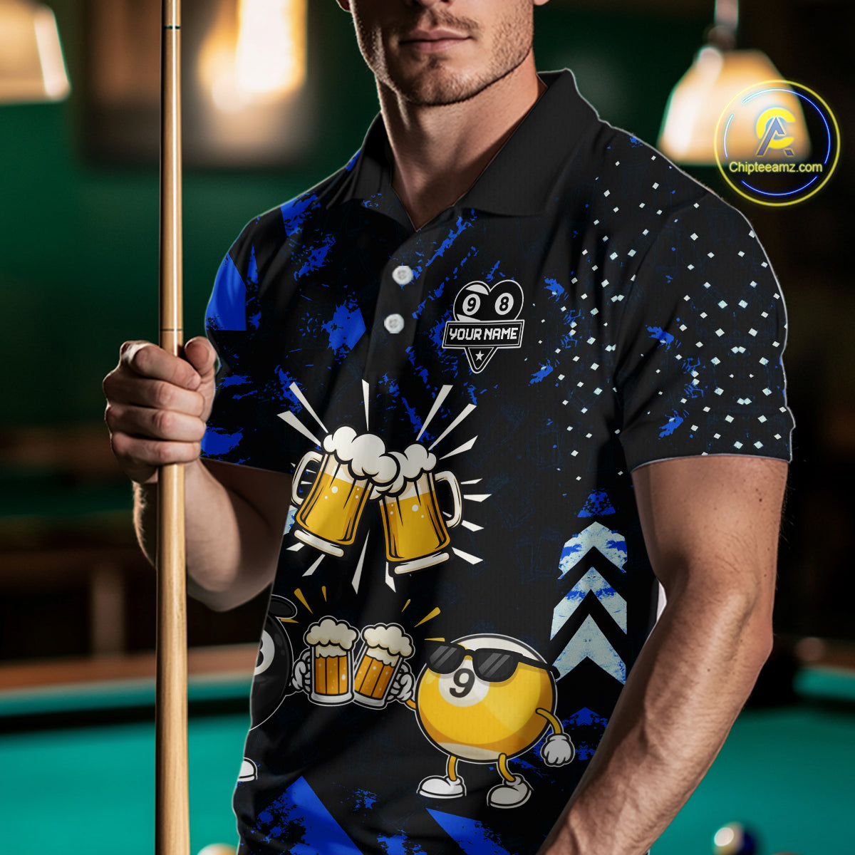 Man wearing black blue funny beer 8 ball and 9 ball pool billiard team jersey polo shirt featuring the beer-themed artwork, front view.