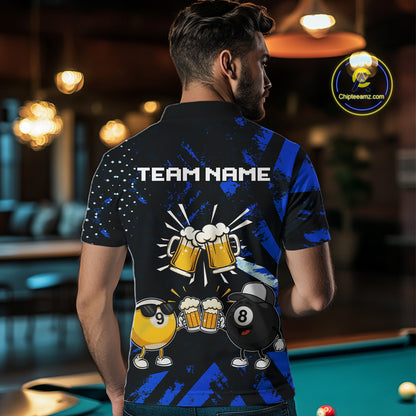 Man wearing black blue funny beer 8 ball and 9 ball pool billiard team jersey polo shirt featuring the beer-themed artwork, back view.