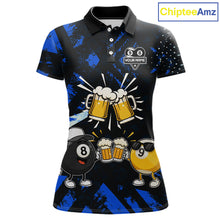 Load image into Gallery viewer, Black blue funny beer 8 ball and 9 ball pool billiard team jersey polo shirt for women featuring a humorous beer-themed design, custom pool league apparel with premium performance fabric for tournaments and league competition.