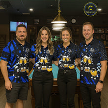 Load image into Gallery viewer, Billiard team wearing matching black blue funny beer 8 ball and 9 ball pool team jerseys featuring the humorous beer design, front view.
