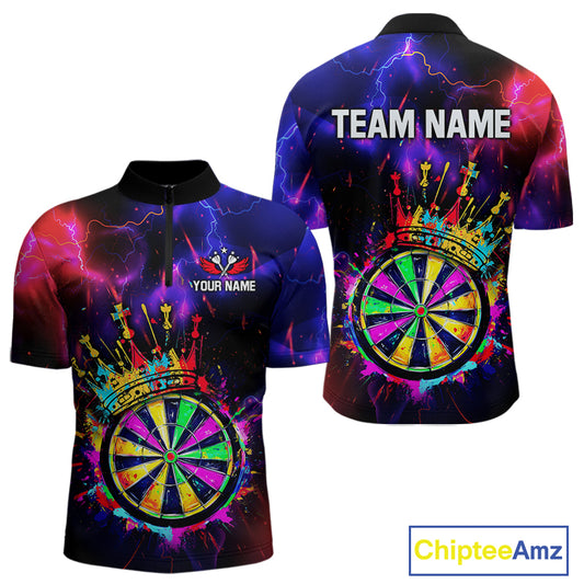 Personalized Neon Colorful Crown Darts Shirt For Men Custom Funny Darts Jersey Polo & 1/4 Zip TDM5181