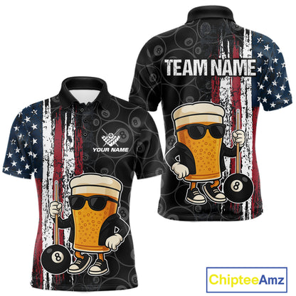 Vintage American Flag Funny Beer Billiard Shirt For Men Custom Patriotic 8 Ball Pool Team Jersey TDM5426
