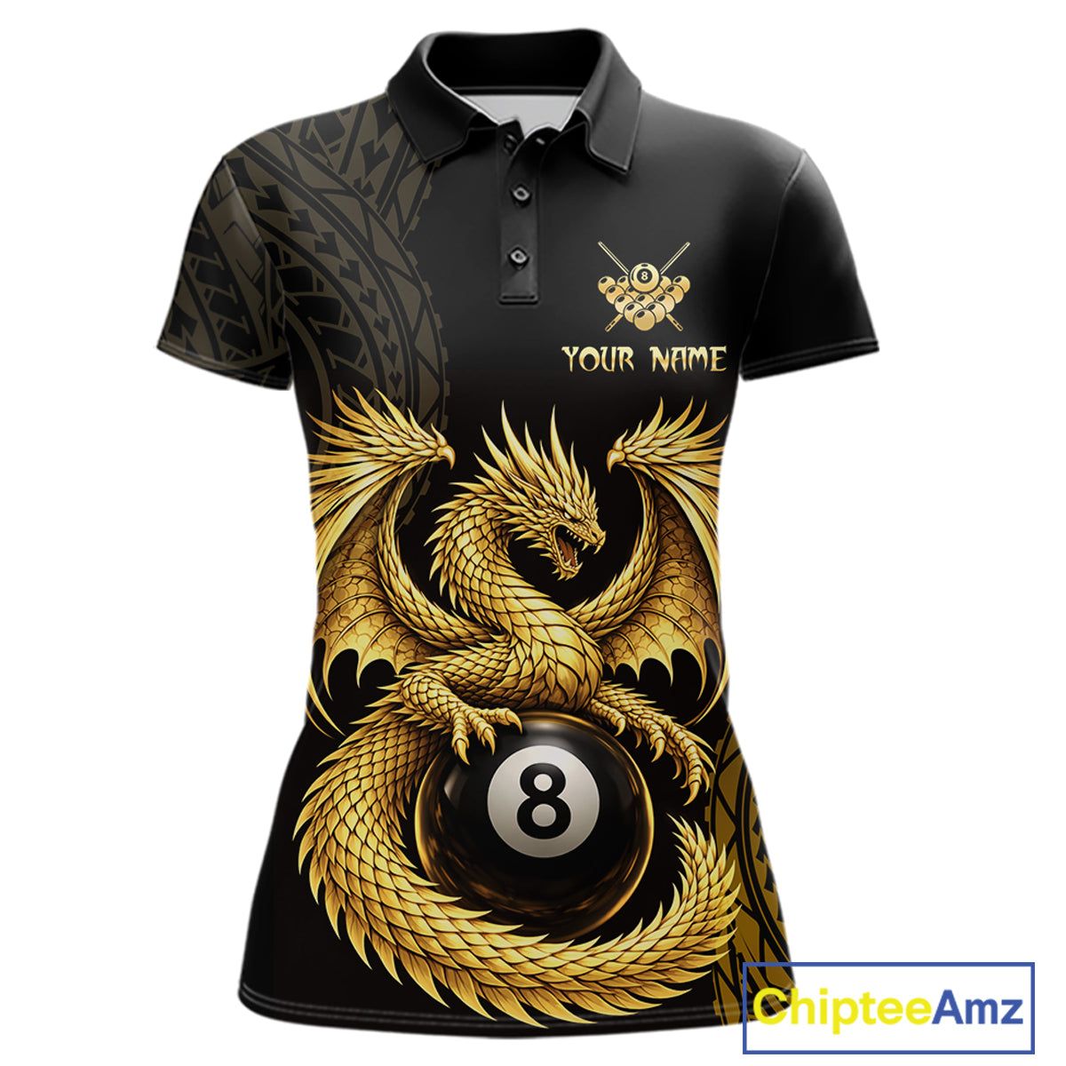 Black And Golden Custom Dragon Billiard Shirt For Women, 8 Ball Pool Team Jersey Polo & 1/4 Zip TDM6058