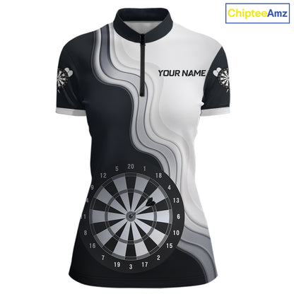 Black And White Darts Shirts With Pocket Option For Women Custom Darts Jersey TDM6487