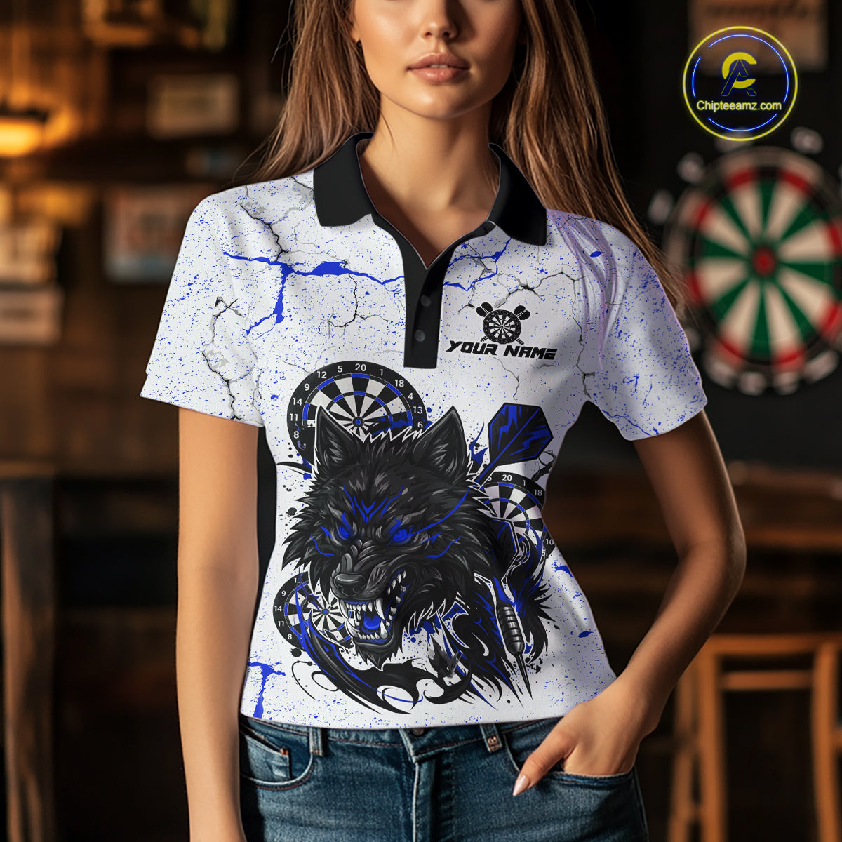 White Grunge Wolf Dart Shirt & Pocket Option Custom Women's Dart Jersey |Blue TDM5441