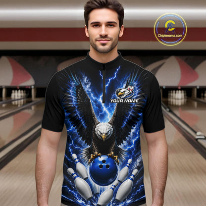 Man wearing a blue thunder lightning eagle bowling quarter zip jersey during league competition front view.