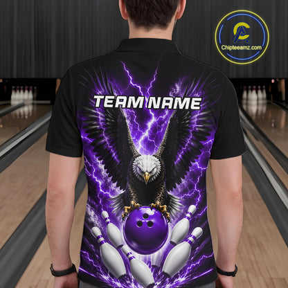Back view of man wearing a purple thunder lightning eagle bowling polo shirt inside a bowling alley.