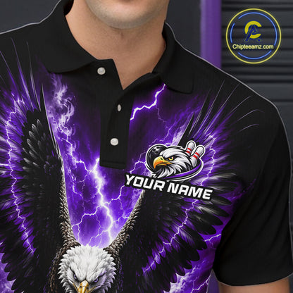Close-up of a purple thunder lightning eagle bowling polo shirt collar, buttons, and eagle artwork.