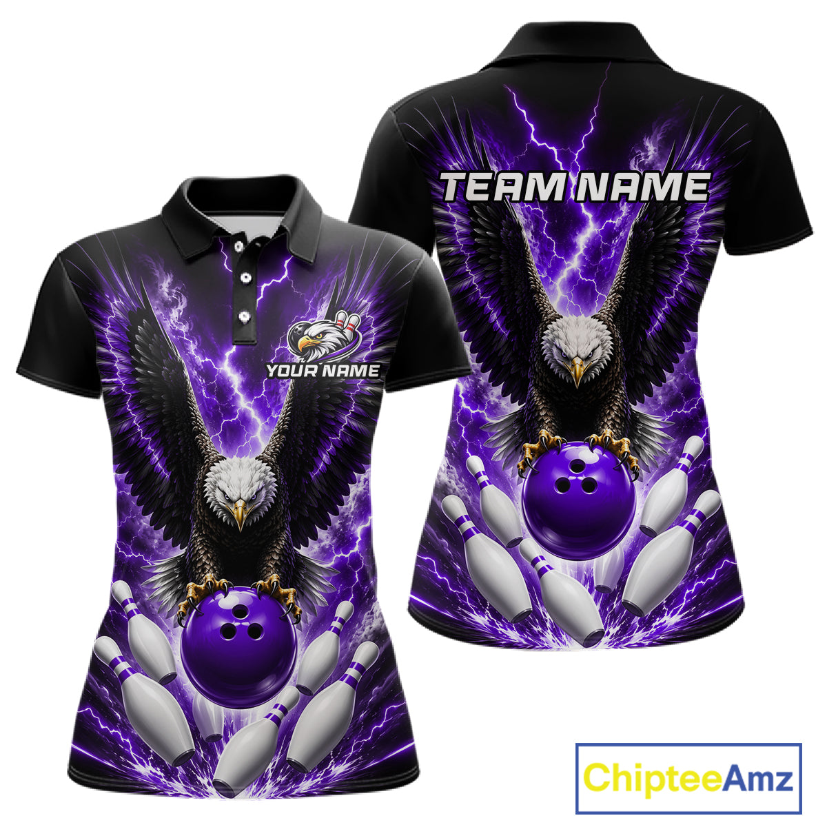 Purple thunder lightning eagle bowling polo shirt for women with custom bowling league graphics.