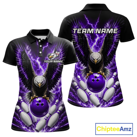 Purple thunder lightning eagle bowling polo shirt for women with custom bowling league graphics.
