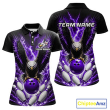 Load image into Gallery viewer, Purple thunder lightning eagle bowling polo shirt for women with custom bowling league graphics.