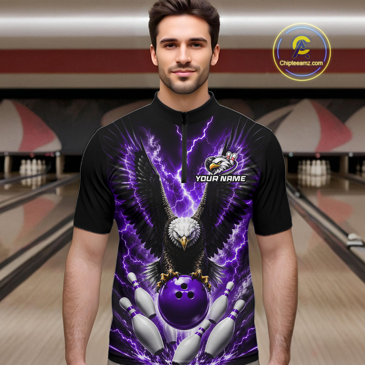Back view of man wearing a purple thunder lightning eagle bowling quarter zip shirt in a bowling alley.
