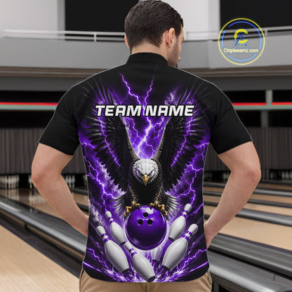 Man wearing a purple thunder lightning eagle bowling quarter zip jersey during tournament play front view.