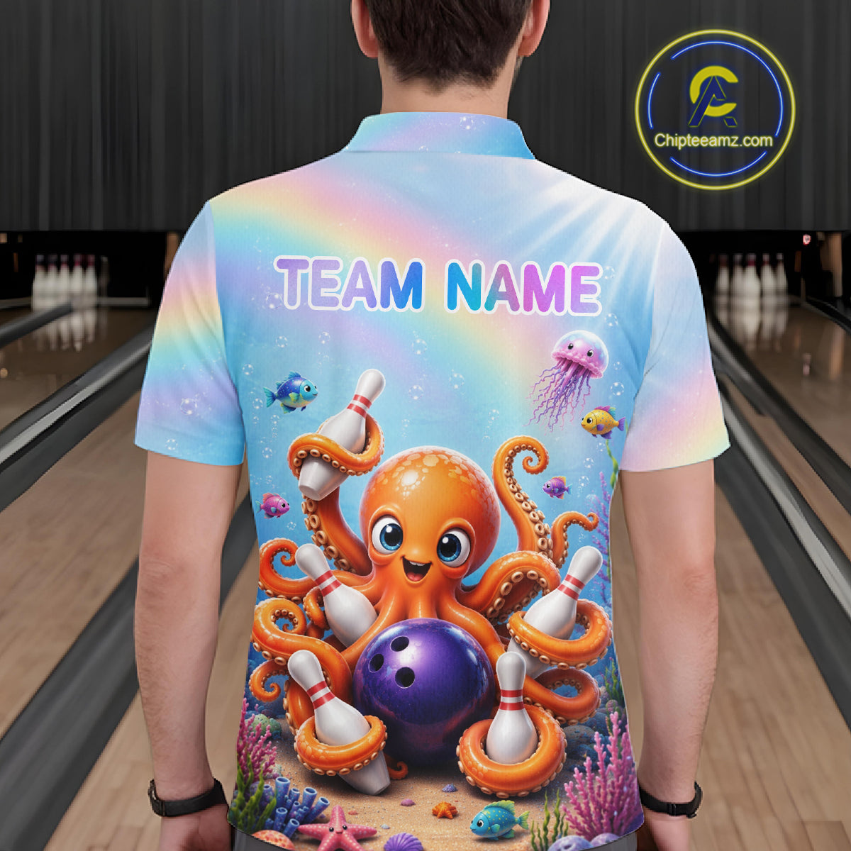 Back view of man wearing a rainbow octopus ocean bowling polo shirt inside a bowling alley.