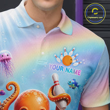Load image into Gallery viewer, Close-up of a rainbow octopus ocean bowling polo shirt collar, buttons, and colorful ocean artwork.