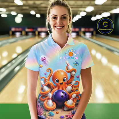 Woman wearing a rainbow octopus ocean bowling polo shirt at a bowling alley front view.