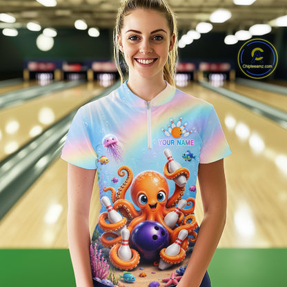 Woman wearing a rainbow octopus ocean bowling quarter zip jersey during league competition front view.