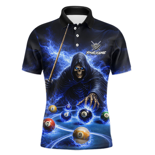 Blue Flaming Grim Reaper Billiard Shirt For Men Custom Pool Team Jersey Polo & Quarter Zip Shirt TDM5738
