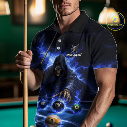 Blue Flaming Grim Reaper Billiard Shirt For Men Custom Pool Team Jersey Polo & Quarter Zip Shirt TDM5738