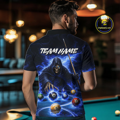 Blue Flaming Grim Reaper Billiard Shirt For Men Custom Pool Team Jersey Polo & Quarter Zip Shirt TDM5738