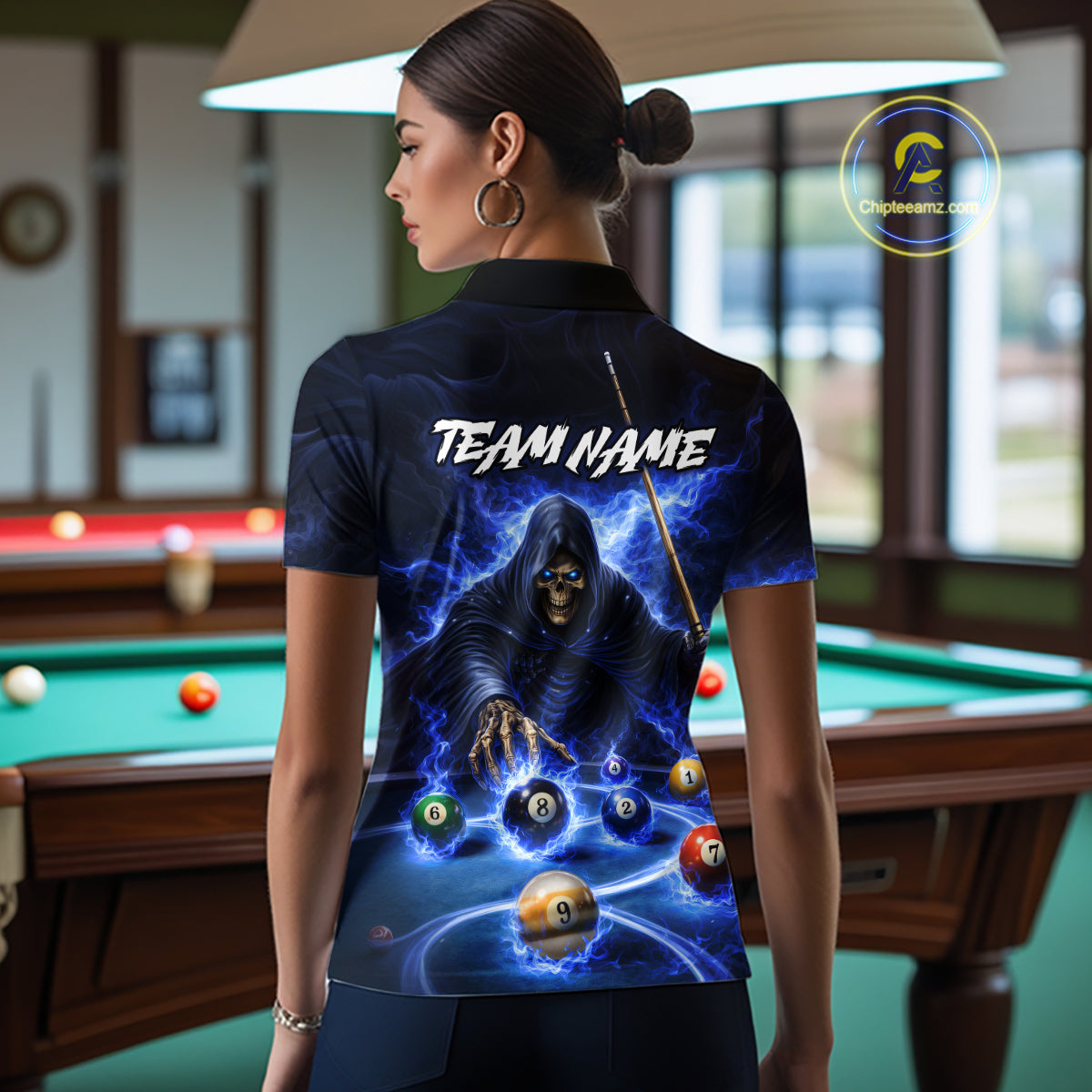 Blue Flaming Grim Reaper Billiard Shirt For Women Custom Pool Team Jersey Polo & Quarter Zip Shirt TDM5738