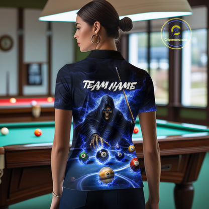 Blue Flaming Grim Reaper Billiard Shirt For Women Custom Pool Team Jersey Polo & Quarter Zip Shirt TDM5738