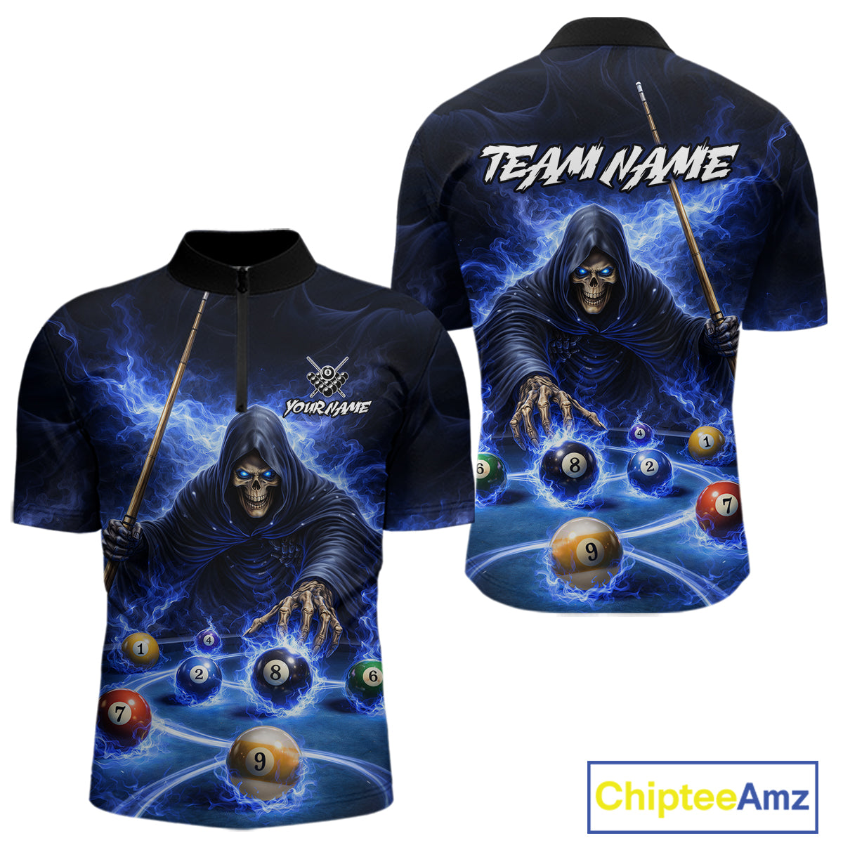 Blue Flaming Grim Reaper Billiard Shirt For Men Custom Pool Team Jersey Polo & Quarter Zip Shirt TDM5738