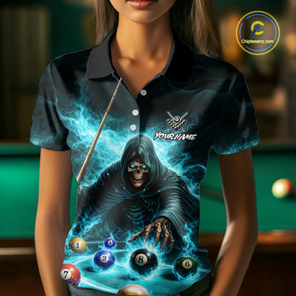 Turquoise Flaming Grim Reaper Billiard Shirt For Women Custom Pool Team Jersey Polo & Quarter Zip TDM5740