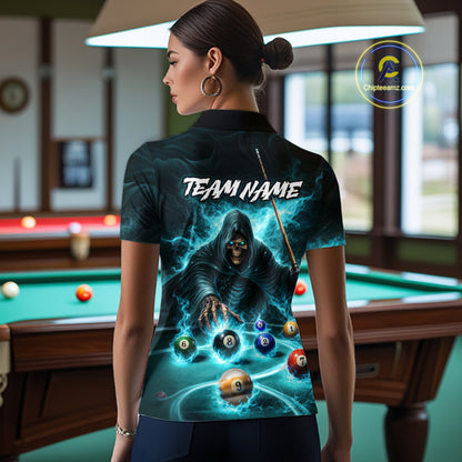 Turquoise Flaming Grim Reaper Billiard Shirt For Women Custom Pool Team Jersey Polo & Quarter Zip TDM5740