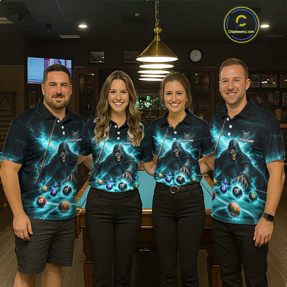 Turquoise Flaming Grim Reaper Billiard Shirt For Men Custom Pool Team Jersey Polo & Quarter Zip TDM5740