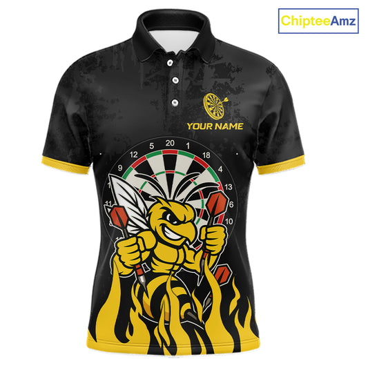 Black and yellow funny bee darts team jersey polo shirt for men featuring a funny bee design, premium custom darts league apparel and personalized darts gifts.