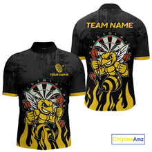 Load image into Gallery viewer, Black and yellow funny bee darts team jersey quarter zip shirt for men featuring vibrant bee artwork, premium custom darts apparel.