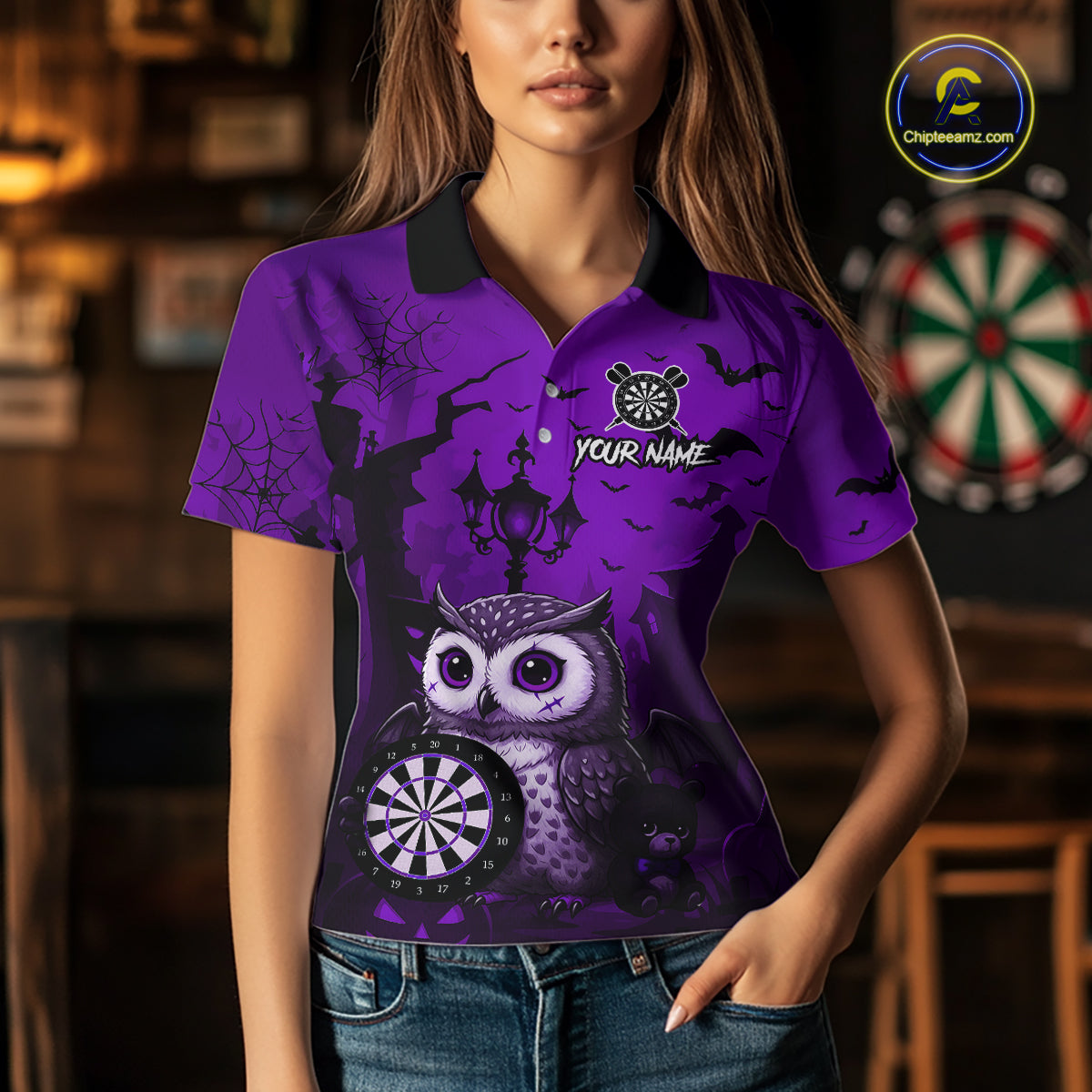 Personalized Purple Funny Owl Halloween Darts Shirt For Women Custom Pumpkin Darts Team Jersey TDM7264