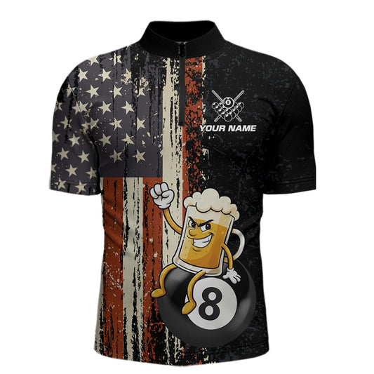 Vintage US Flag Funny Beer 8 Ball Billiard Shirt For Men Custom Pool Team Jersey Polo & 1/4 Zip TDM5948