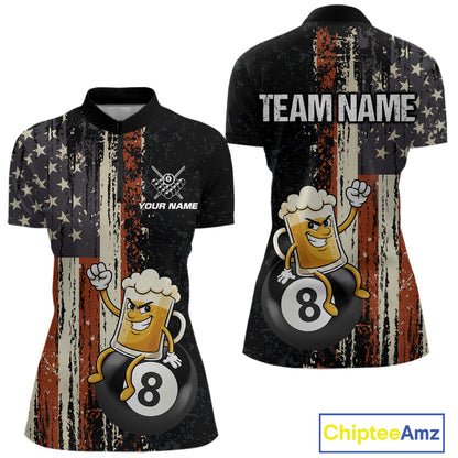 Vintage US Flag Funny Beer 8 Ball Billiard Shirt For Women Custom Pool Team Jersey Polo & 1/4 Zip TDM5948