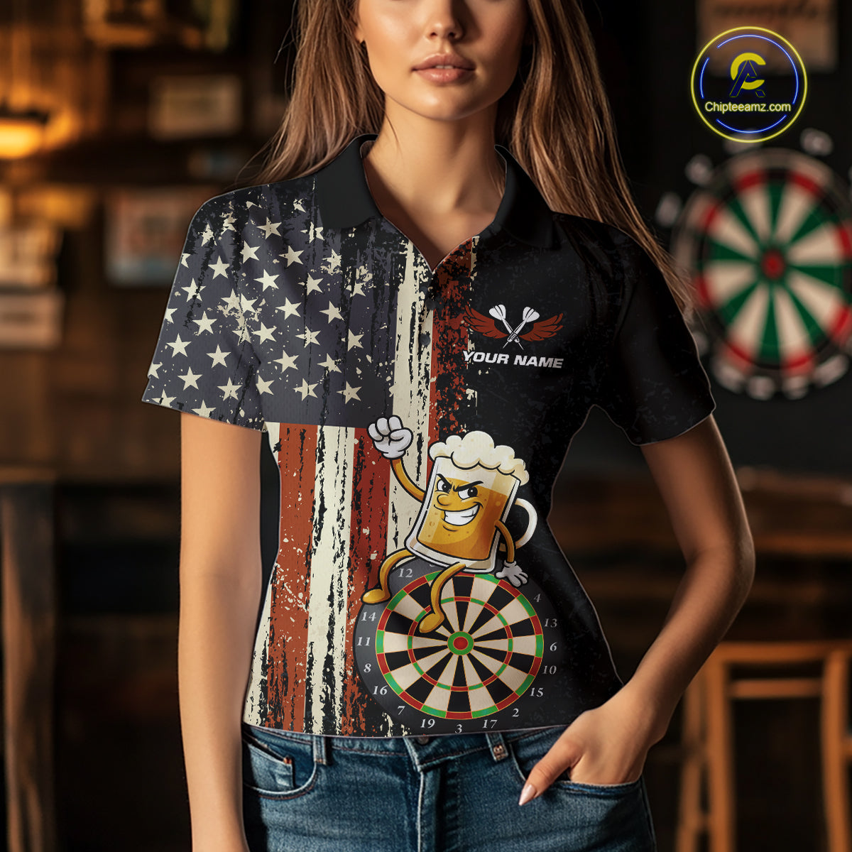 Vintage American Flag Funny Beer Darts Shirt For Women Custom Darts Jersey Team Polo & 1/4 Zip TDM5950