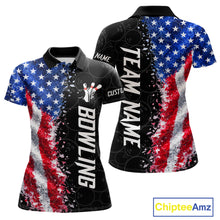 Load image into Gallery viewer, American flag bowling polo shirt for women with patriotic bowling team graphics.