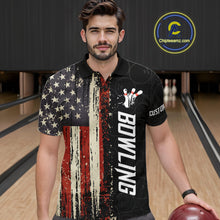 Load image into Gallery viewer, Man wearing a vintage American flag bowling polo shirt at a bowling alley front view.